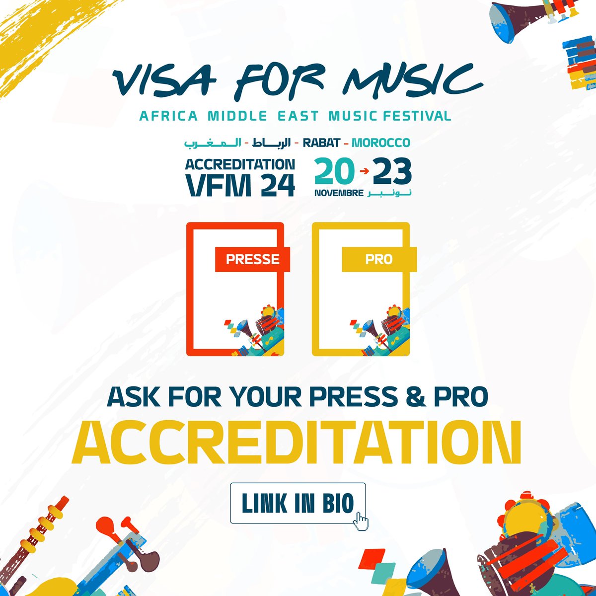 VisaForMusic's tweet photo. "🎫 Accreditation is now OPEN for #VisaForMusic 2024! 🌍 
Whether you're a music professional, journalist, or cultural influencer, now’s your chance to secure your spot ✨ Don't miss out – limited spots available. Apply now and be part of the event! 🔥
🔗 [Link in bio]" https://t.co/Xrqa5zDNcG