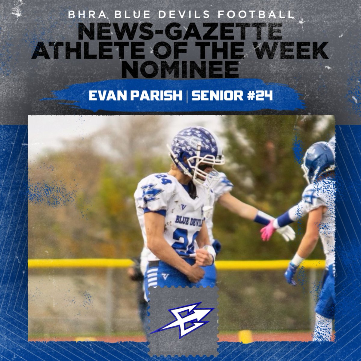 BHRABlueDevils's tweet photo. Help support Evan Parish and vote for him as News-Gazette's Athlete of the Week!

292 yards rushing, 4 touchdowns, 11 tackles, 1 interception in a 55-18 win over Salt Fork!

Follow the link to vote: https://t.co/bZ3ydu9kfn https://t.co/8Dqvw85yEE