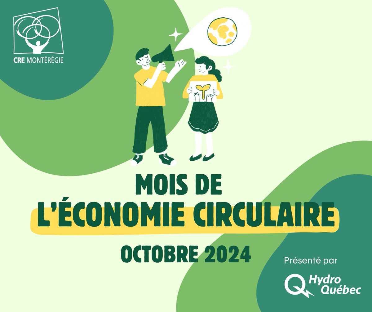 Mois de l’économie circulaire avec <a href="/CREMonteregie/">CRE Montérégie</a>
♻️Diffusion de portraits d’entreprises
♻️Partage d'outils pour intégrer #économiecirculaire dans votre organisation
♻️Atelier sur ↘️GES en entreprise
♻️Evénement au nom des porteurs de Feuille de route pour l’économie circulaire