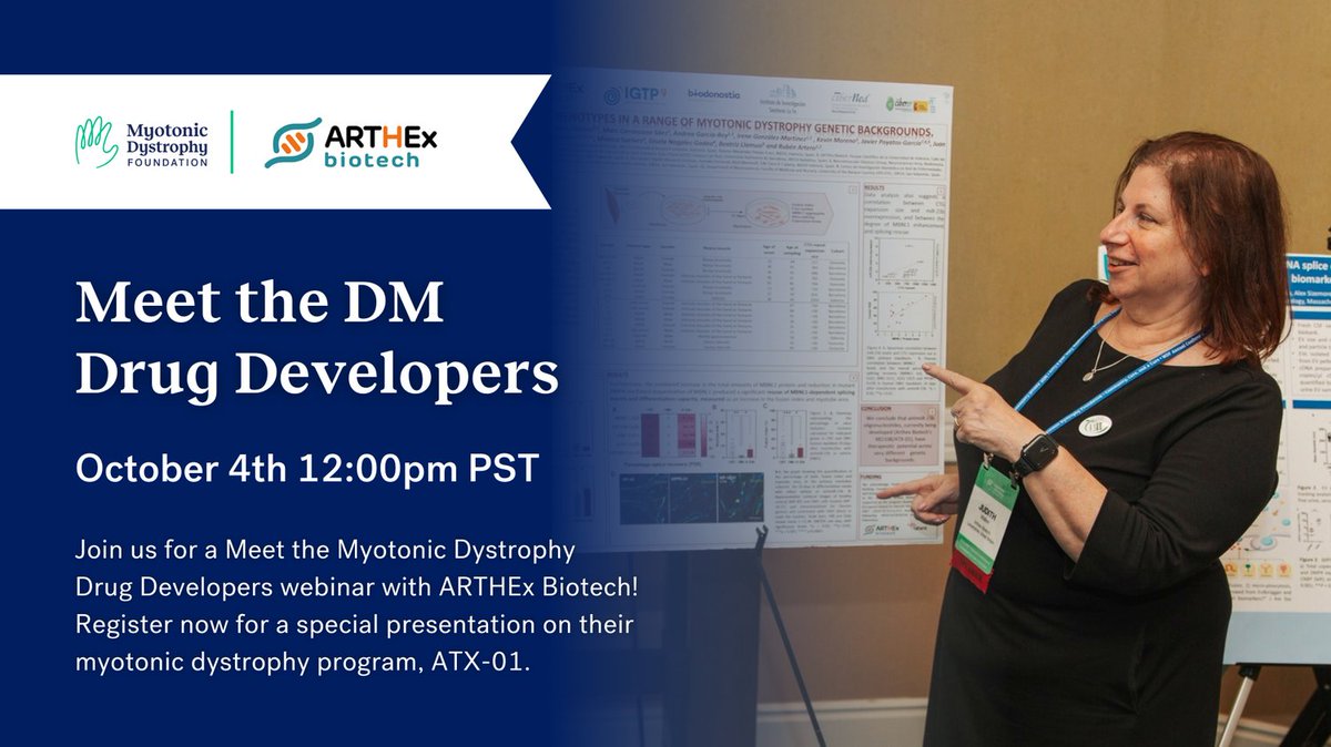 🚨 Join us for a Meet the #MyotonicDystrophy Drug Developer session with ARTHEx Biotech on October 4th! 🧬 You won't want to miss out on their presentation of their DM program, ATX-01! 💚Register to attend: us06web.zoom.us/webinar/regist…