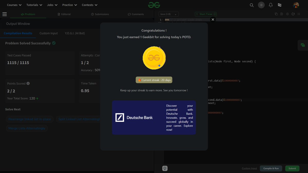 AdityaHarsh19's tweet photo. Day 20 of my 21 Days POTD Challenge Powered By Deutsche Bank
Username: aditya_harsh 
#geekstreak2024 #DeutscheBank 
@geeksforgeeks @DeutscheBank https://t.co/sYUKGaCpp6
