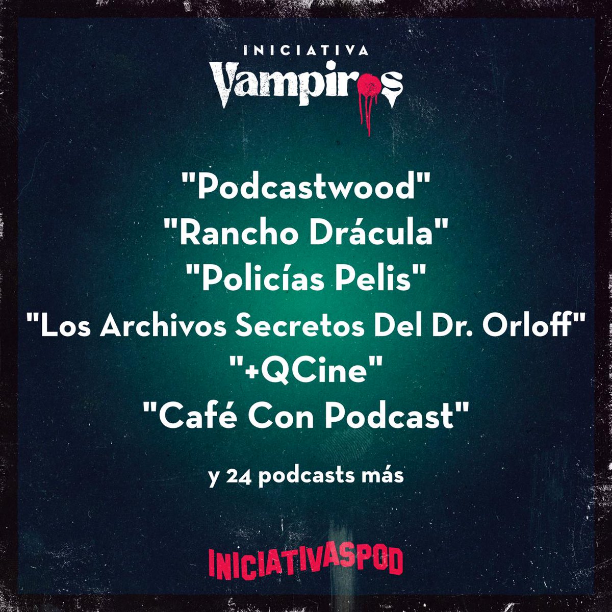 🧛‍♂️ En la #IniciativaVampiros podrás escuchar a @podcastwood <a href="/RanchoDracula/">Rancho Drácula</a> <a href="/PoliciasPelis/">Policías Pelis</a> <a href="/ArchivosDr/">Los archivos secretos del Dr.Orloff</a> <a href="/la_cinefilo/">+QCine Podcast</a> <a href="/Cafeconpodcast/">Café con Podcast</a> y otros 24 pódcasts más!  

📅 Del 14 al 25 de octubre en <a href="/ivoox/">iVoox</a>! 

🌐 linktr.ee/IniciativaVamp…
