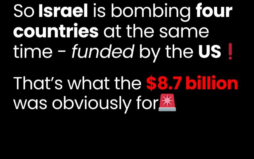 syedaszkazmi's tweet photo. STOP THE GENOCIDAL WAR MACHINE 🛑
Stop this terrorism!
So #TerroristIsrael is bombing four countries at the same time- funded by #USterrorist.
🇵🇸💔
#FreePalestine https://t.co/JIk8o8PQUg
