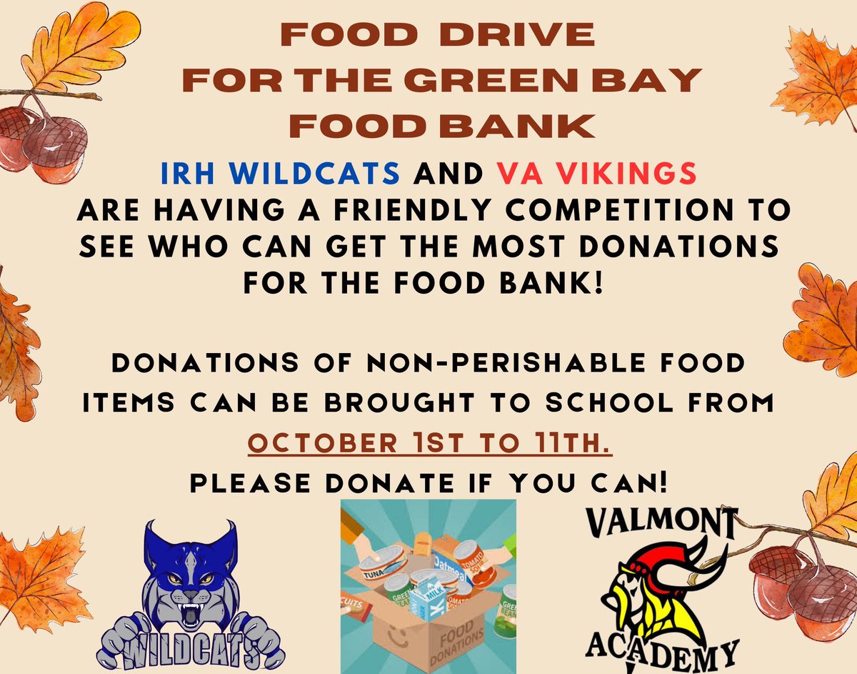Laura Brace (@laura__brace) on Twitter photo <a href="/VAV_Vikings/">Valmont Academy</a> and <a href="/IRH_wildcats/">INDIAN RIVER HIGH</a> are doing a food drive for the Green Bay Food Bank! Please donate if you can! <a href="/VAV_Vikings/">Valmont Academy</a> and <a href="/IRH_wildcats/">INDIAN RIVER HIGH</a> are doing a food drive for the Green Bay Food Bank! Please donate if you can!