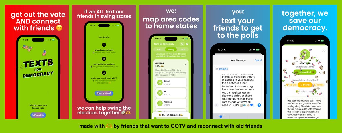 Liz Dorman (@lizwandersworld) on Twitter photo Research shows friend-to-friend get out the vote (GOTV) can increase voter turnout by as much as 8.3% points (!) - huge in GOTV efforts! 🗳️
So <a href="/klein_peyton/">Peyton Klein</a> and I made 🇺🇸 Texts For Democracy🇺🇸, an app to get YOUR people to the POLLS! And reconnect with your friends in the Research shows friend-to-friend get out the vote (GOTV) can increase voter turnout by as much as 8.3% points (!) - huge in GOTV efforts! 🗳️
So <a href="/klein_peyton/">Peyton Klein</a> and I made 🇺🇸 Texts For Democracy🇺🇸, an app to get YOUR people to the POLLS! And reconnect with your friends in the