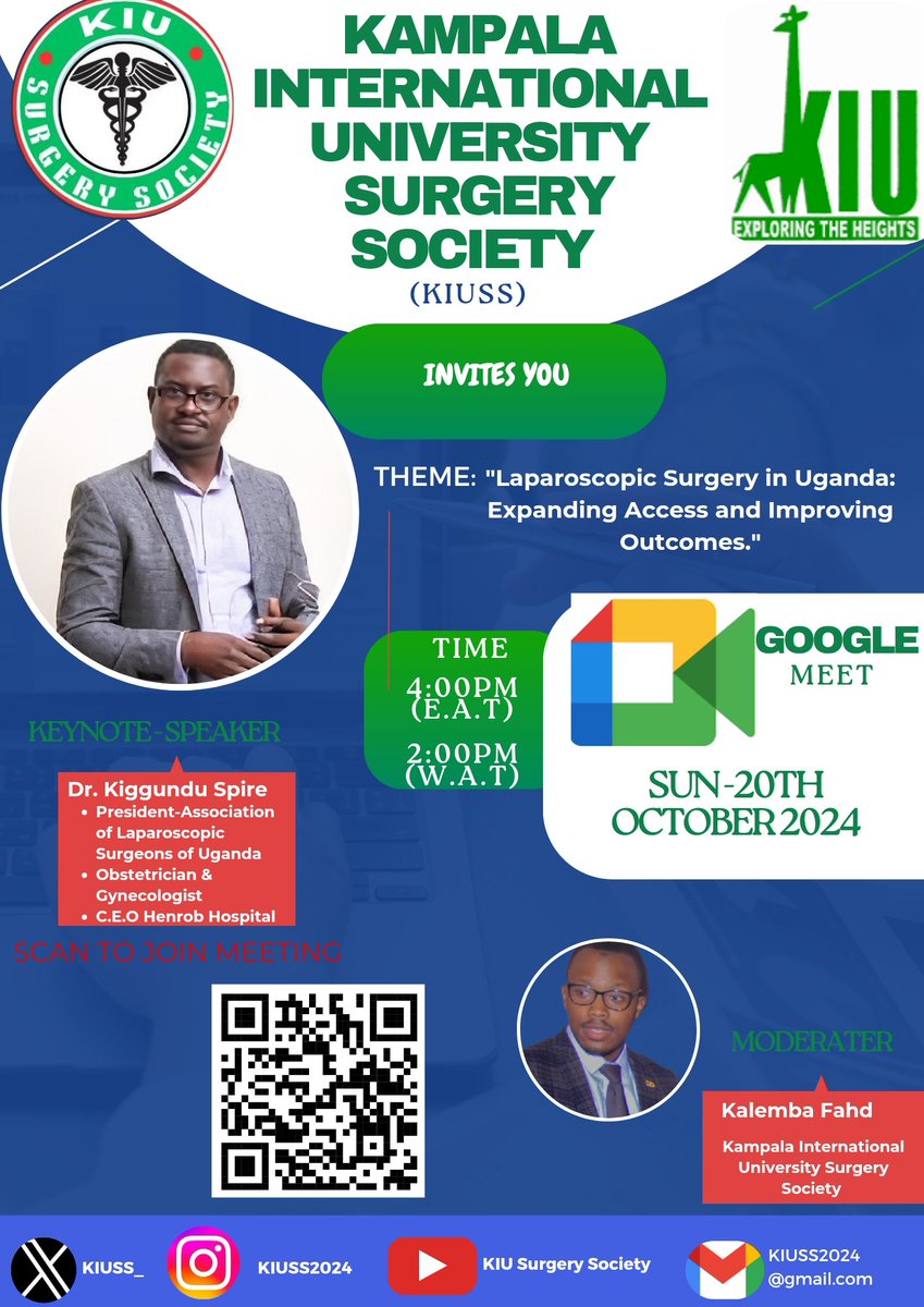 Kampala International University Surgery Society (@kiuss_) on Twitter photo Join us for a virtual discussion on Laparoscopic Surgery in Uganda!
Learn about the current state, challenges, and future of laparoscopic surgery inUganda. Don't miss this opportunity to gain valuable insights.<a href="/kiuvarsity/">Kampala International University</a>
<a href="/ASOU_Official/">Association of Surgeons of Uganda (ASOU)</a>
#LaparoscopicSurgery #Uganda #Healthcare Join us for a virtual discussion on Laparoscopic Surgery in Uganda!
Learn about the current state, challenges, and future of laparoscopic surgery inUganda. Don't miss this opportunity to gain valuable insights.<a href="/kiuvarsity/">Kampala International University</a>
<a href="/ASOU_Official/">Association of Surgeons of Uganda (ASOU)</a>
#LaparoscopicSurgery #Uganda #Healthcare
