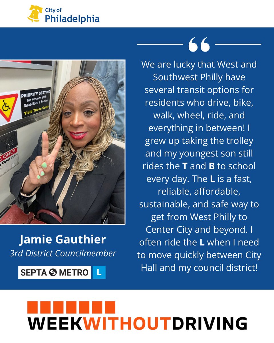 PhillyOTIS's tweet photo. Take the #WeekWithoutDrivingchallenge with us from Sept 30 to Oct 6! Show us how you get around without driving for a week and the unique benefits and challenges you face. Let's spread awareness and push for #accessiblecommunities together! More info at: https://t.co/oMGRjT7wFP https://t.co/jydckcSNwx