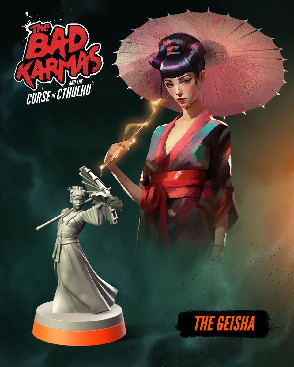 A seasoned Geisha excelling in dance, she skillfully wields her gunsen and wagasa to deadly effect as her music inspires her teammates, bolstering their courage and strength.

Follow Now: buff.ly/3YdIMnp

#teburu #boardgames #tabletop #thebadkarmas #cthulhu #cthulhumythos