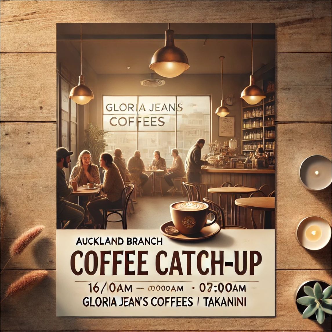 This months Auckland Branches coffee catch up is out east!

Auckland Branch: Coffee Catch-up (East)
16/10/2024 07:00am to 8:00am 
Gloria Jean's Coffees Takanini 
Map link here: buff.ly/47Lc8MM 

You can register here: buff.ly/4etoRGv 

We hope to see you there!