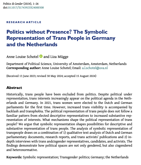 📣 Out on #FirstView 📣

In "Politics without Presence?" @ASchote &amp; <a href="/LizaMugge/">Liza Mügge</a> pair qualitative text analysis with in depth interviews to understand trans symbolic representation in 🇩🇪 &amp; 🇳🇱. 

Available 🌟 #OpenAccess 🌟 

cambridge.org/core/journals/…