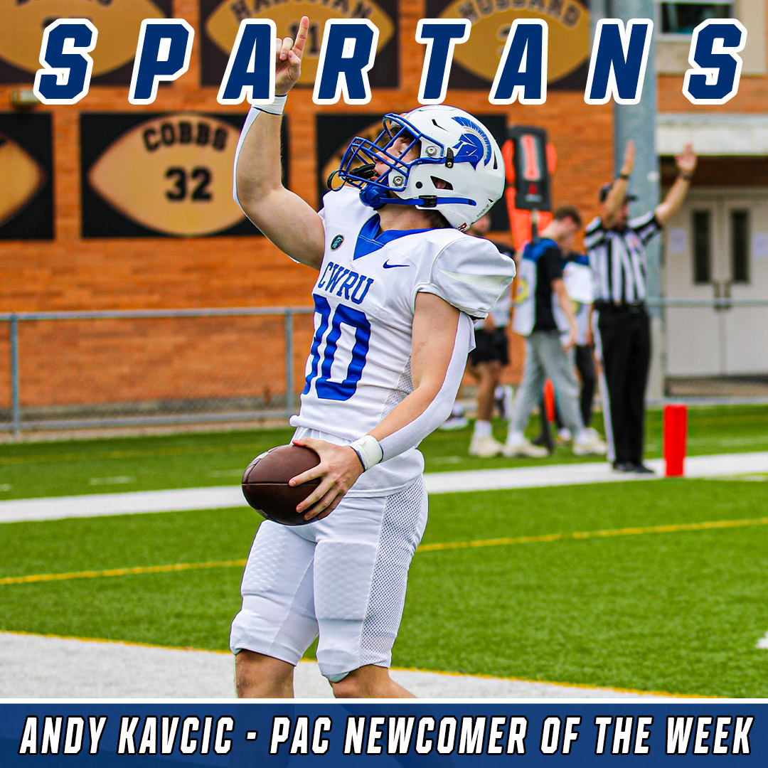 caseathletics's tweet photo. Congratulations to CWRU first-year running back Andy Kavcic who was named the PAC Newcomer of the Week following his performance against Geneva!

🏈 Team-high 79 rush yards
🏈 Rush TDs of 2 yds &amp; 1 yd
🏈 Season-long 59 yard run

#CWRU #BlueCWRU #d3fb https://t.co/hSVsePc8GG