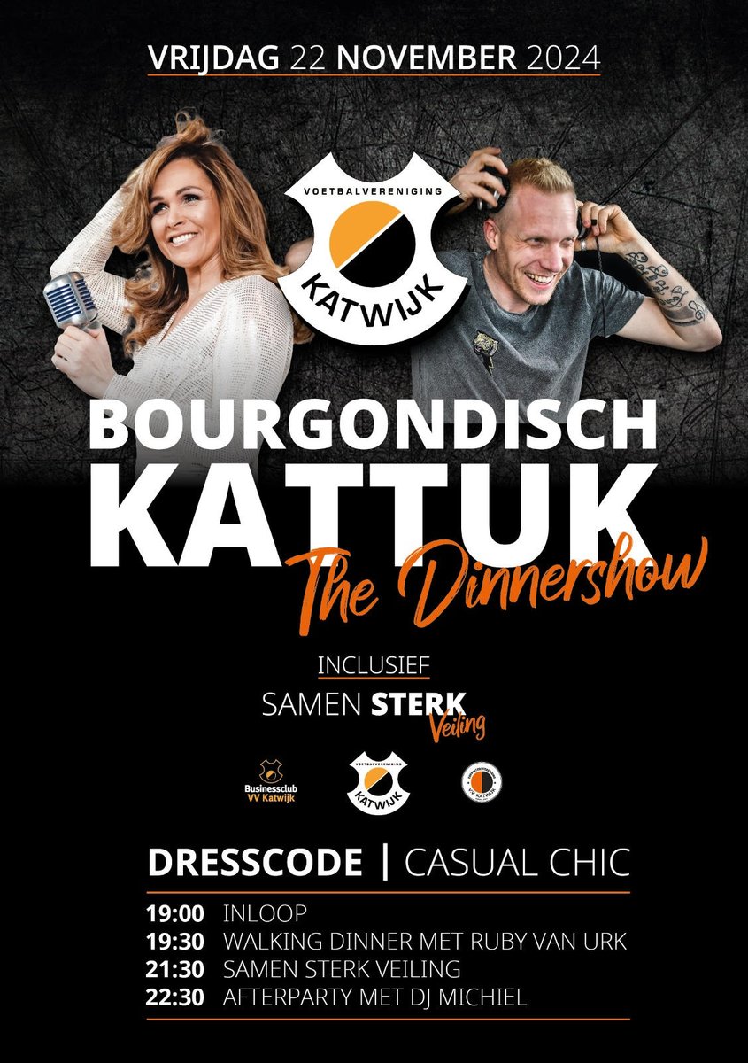 Bourgondisch Kattuk, The Dinnershow 🤵‍♂️🍷😋 

Op vrijdag 22 november organiseren de Voetbalvereniging, Businessclub en de Supportersvereniging gezamenlijk “Bourgondisch Kattuk, The Dinnershow”. 

Lees meer: vvkatwijk.nl/index.php?page…
