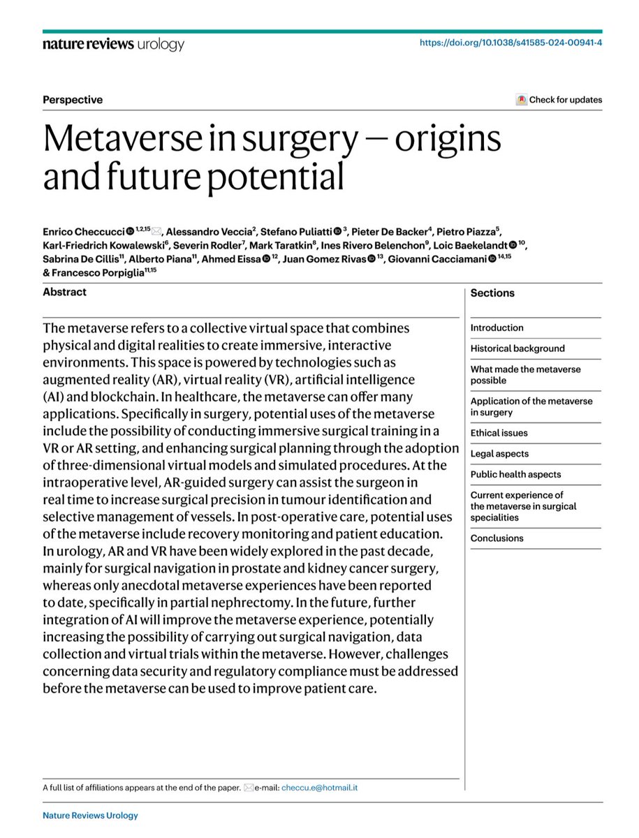 Enrico Checcucci (@enricocheccucci) on Twitter photo 📢 #Metaverse in surgery is a reality!
Great #teamwork within <a href="/EAU_YAUroTech/">EAU Young Academics Urologist. Uro-Tech group</a>
🦾 #AI
👓#3D models
📝surgical planning
⚓️intraoperative navigation
🌍teleconsultation
<a href="/NatRevUrol/">Nature Reviews Urology</a>
👉 rdcu.be/dVBYa 📢 #Metaverse in surgery is a reality!
Great #teamwork within <a href="/EAU_YAUroTech/">EAU Young Academics Urologist. Uro-Tech group</a>
🦾 #AI
👓#3D models
📝surgical planning
⚓️intraoperative navigation
🌍teleconsultation
<a href="/NatRevUrol/">Nature Reviews Urology</a>
👉 rdcu.be/dVBYa