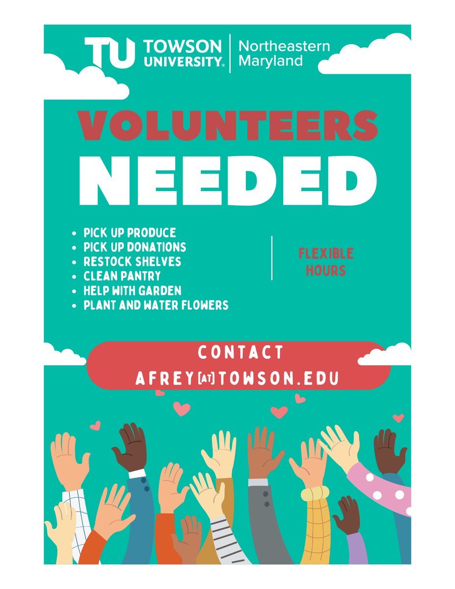 TU Northeastern MD (@tu_nemd) on Twitter photo Looking to get involved at TUNE? We’re looking for volunteers to help with a variety of tasks like organizing the food pantry and sorting donations, helping with the garden, and planting and watering flowers. If you’re interested send Allison an email at afrey@towson.edu! Looking to get involved at TUNE? We’re looking for volunteers to help with a variety of tasks like organizing the food pantry and sorting donations, helping with the garden, and planting and watering flowers. If you’re interested send Allison an email at afrey@towson.edu!