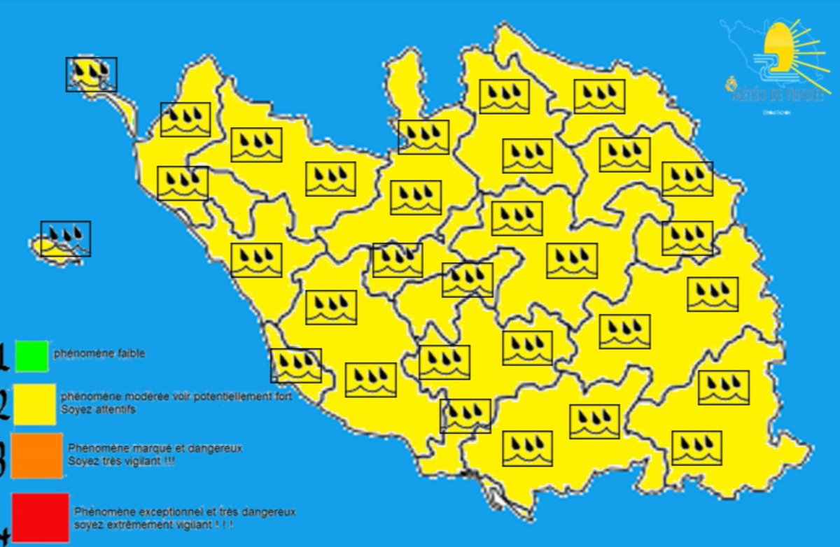 ⚠️💦[ ATTENTION VIGILANCE JAUNE POUR UN ÉPISODE PLUVIEUX ASSEZ SOUTENUES, ENGENDRENT DES PLUIES PARFOIS IMPORTANTES EN MOINS DE 24 HEURES À PARTIR DE CE MARDI MATIN JUSQU'EN DÉBUT DE SOIRÉE. SOYEZ ATTENTIF ! ]💦⚠️
Plus d'info sur la page Facebook 
<a href="/Courriervendeen/">Le Courrier vendéen</a> 
<a href="/OuestFrance85/">Ouest-France 85</a>