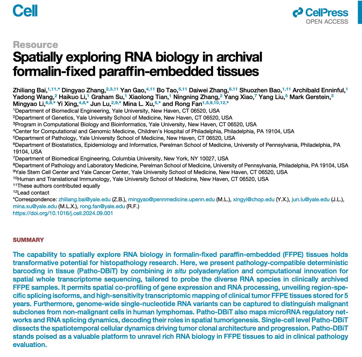Thrilled to present Patho-DBiT out <a href="/CellCellPress/">Cell</a> A first-of-its-kind technology for spatial whole transcriptome sequencing of clinically archived FFPE tissues, mapping various large/small RNAs, alternative splicing, and genome-wide SNV, all at once from the same tissue section!