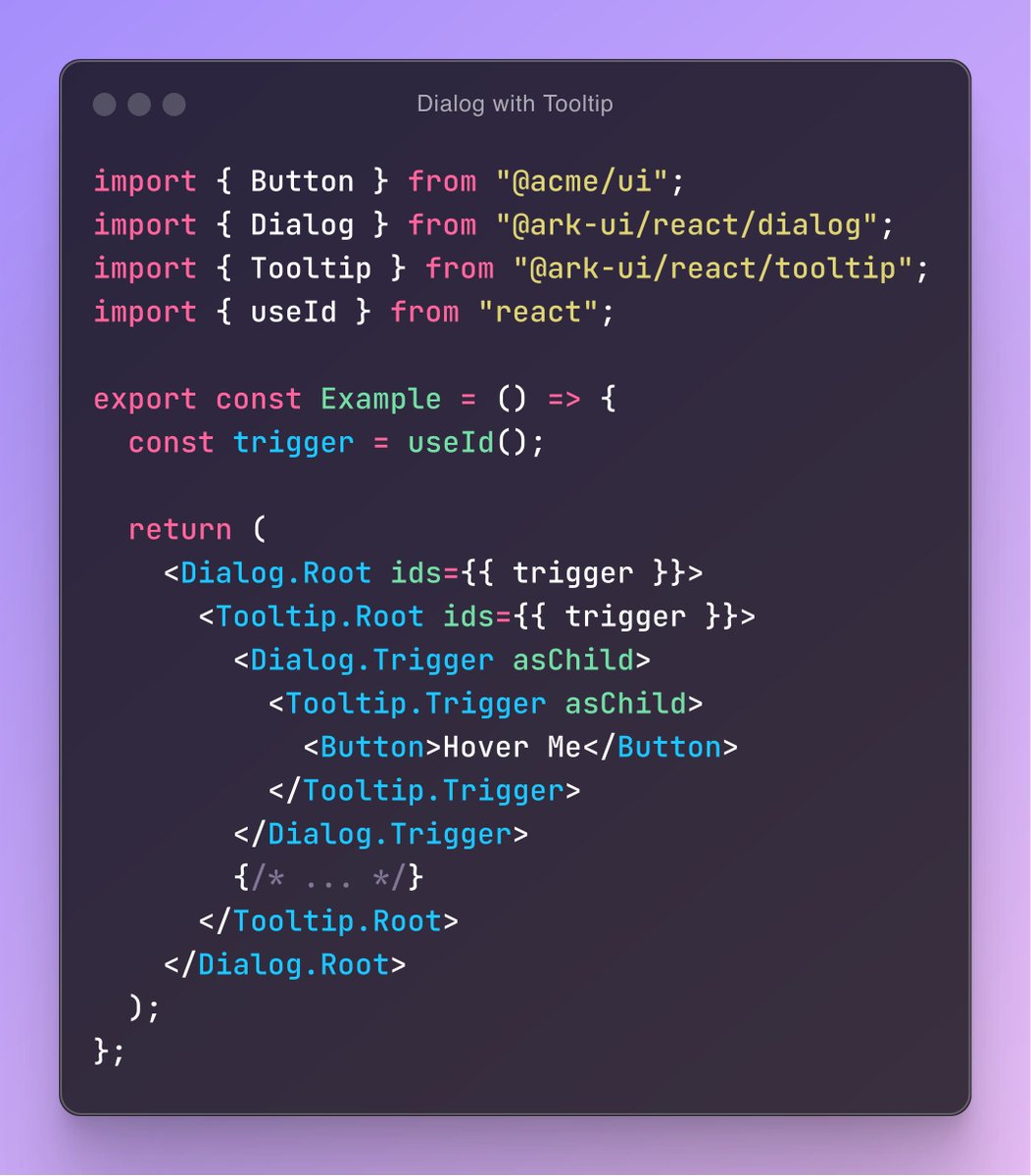 Composing components in <a href="/ark_ui_/">Ark™</a> is a blast! Need a dialog with a tooltip? No problem at all.

Check out this example and more at:
ark-ui.com/react/examples…