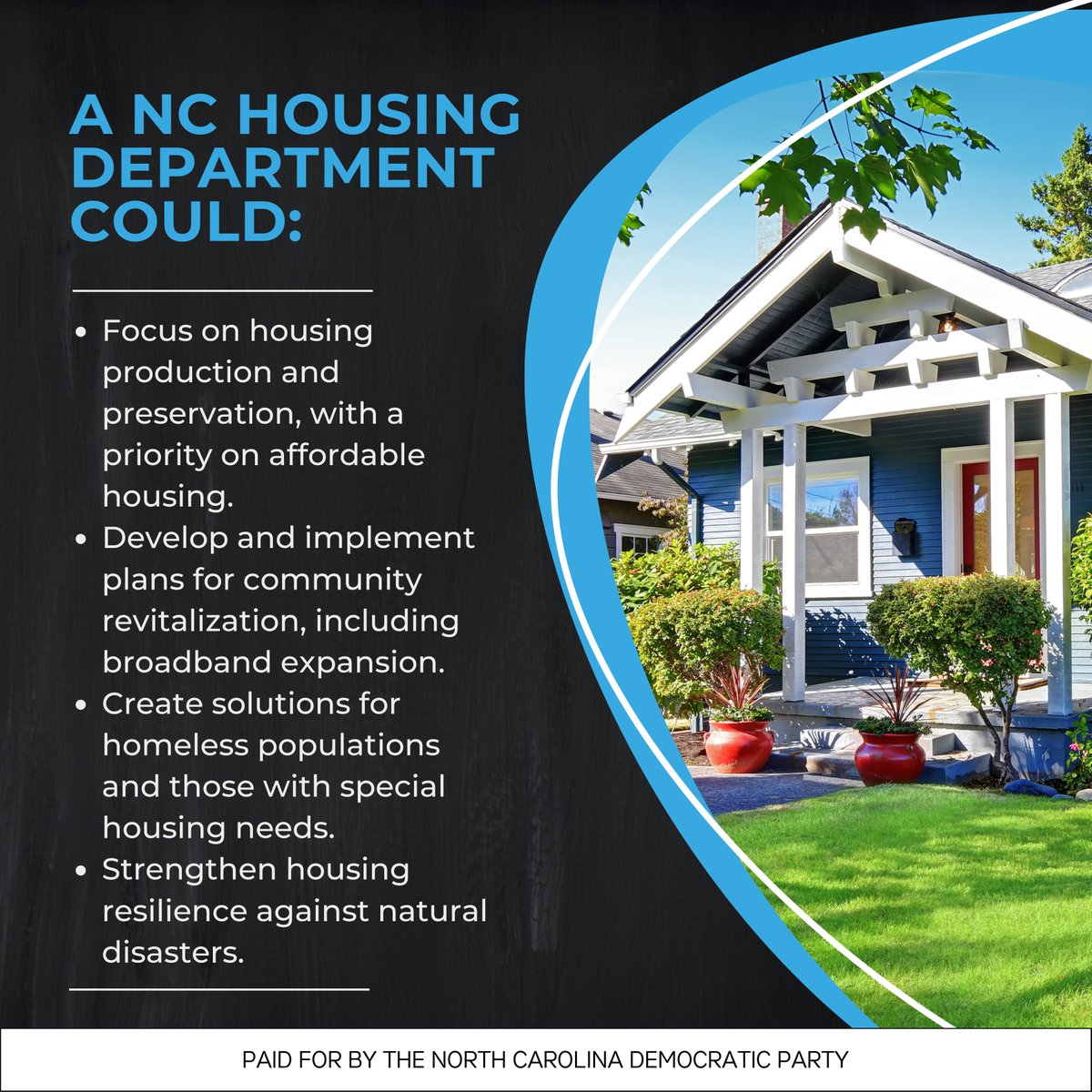 Establishing a Dept. of Housing &amp; Community Development will tackle affordable housing, homelessness, and disaster resilience. This would be a game-changer for NC, and it makes you wonder - Why doesn’t the Republican Supermajority take housing seriously?