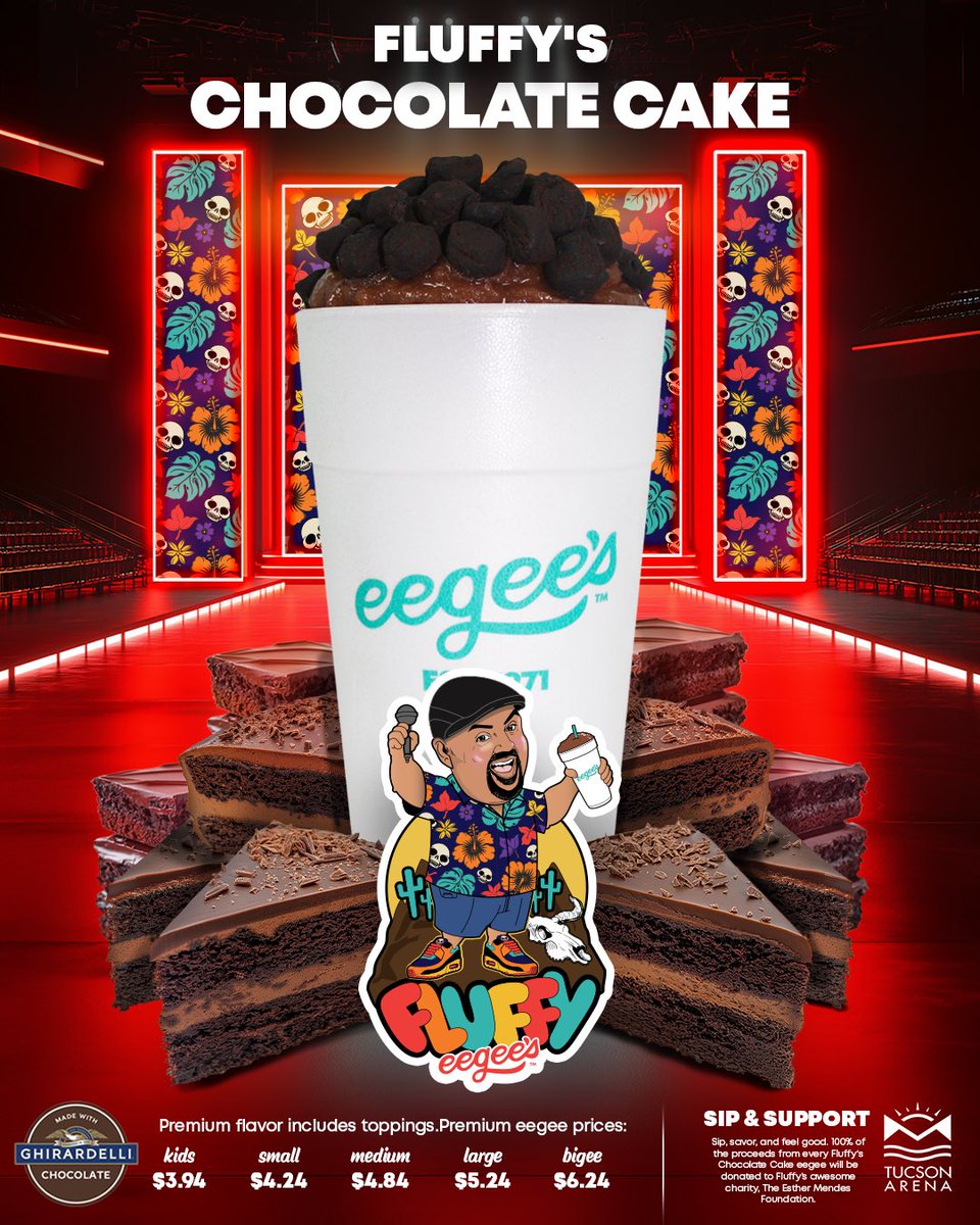 eegees's tweet image. ANNOUNCEMENT 🚨: Gabriel Iglesias @fluffyguy is coming to Tucson this Saturday, October 5 with his “Don’t Worry Be Fluffy” Tour! In collaboration with Tucson Arena, we have created the “Fluffy” Chocolate Cake eegee! This special flavor will be available in all locations October…