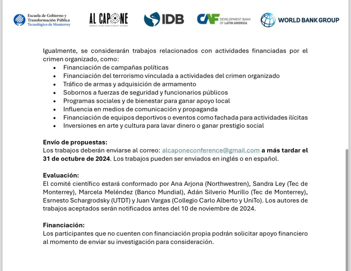 Marcela Meléndez (@melendezmarcela) on Twitter photo 🚨Call for papers.
El <a href="/BancoMundialLAC/">Banco Mundial | América Latina y el Caribe</a>, <a href="/el_BID/">Banco Interamericano de Desarrollo</a>, <a href="/AgendaCAF/">CAF</a>, <a href="/AlCapone_Econ/">Al Capone (economics of crime)</a> y la <a href="/EGobiernoyTP/">Escuela de Gobierno</a> estamos organizando una reunión sobre las finanzas del crimen organizado en Ciudad de México el 6 y 7 de diciembre.
Invitamos a los académicos a enviar sus trabajos para participar. 🚨Call for papers.
El <a href="/BancoMundialLAC/">Banco Mundial | América Latina y el Caribe</a>, <a href="/el_BID/">Banco Interamericano de Desarrollo</a>, <a href="/AgendaCAF/">CAF</a>, <a href="/AlCapone_Econ/">Al Capone (economics of crime)</a> y la <a href="/EGobiernoyTP/">Escuela de Gobierno</a> estamos organizando una reunión sobre las finanzas del crimen organizado en Ciudad de México el 6 y 7 de diciembre.
Invitamos a los académicos a enviar sus trabajos para participar.