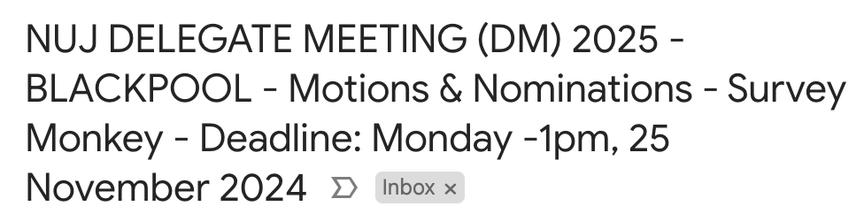 Note for <a href="/NUJofficial/">NUJ</a> branch officers. Check your emails for one from DMSubmissions with the links to make nominations to NEC, councils and for submitting DM motions. 
It is a new system. Gone are emails with dozens of attachments. Deadline Nov 25th. Get it on your branch agenda.