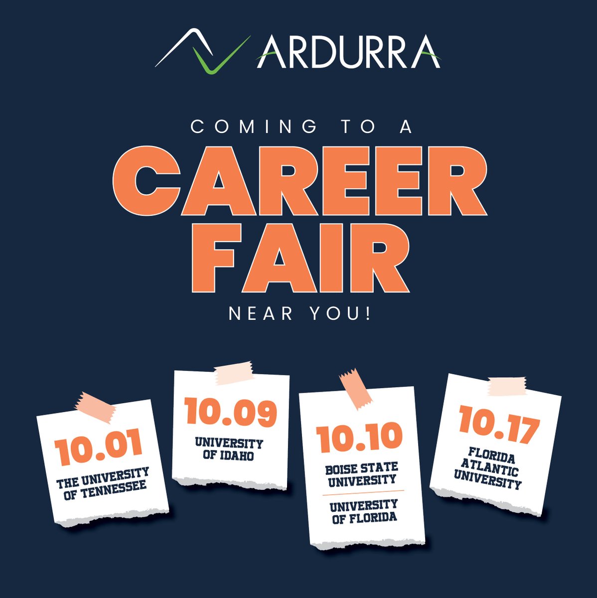 Check out Ardurra’s October Career Fairs!
 
We’re excited to connect with students and alumni at several career fairs across the country in the upcoming weeks.        
 #TeamArdurra