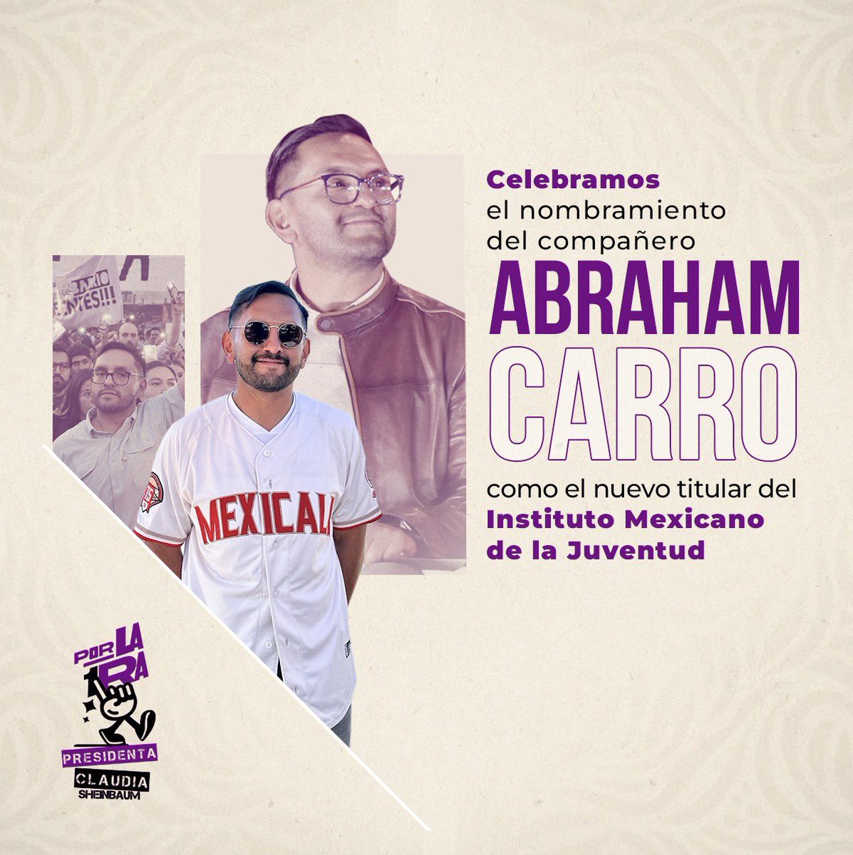 Felicitamos a <a href="/AbrahamCarro/">Abraham Carro</a> por su nombramiento como el nuevo Director del Instituto Mexicano de la Juventud (@ImjuveMX) que dio a conocer esta tarde nuestra Primera Presidenta, la Dra. <a href="/Claudiashein/">Claudia Sheinbaum Pardo</a>.

Un gran dirigente juvenil llegará a un gran Instituto.
¡Lo celebramos!