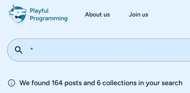 "We found 164 posts and 6 collections in your search" on Playful Programming's search page