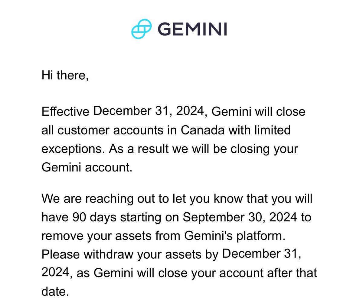BREAKING: Gemini crypto exchange is officially CLOSING in Canada! 🇨🇦‼️  Forcing us to close our accounts and withdraw funds! Absolute trash! 🗑️