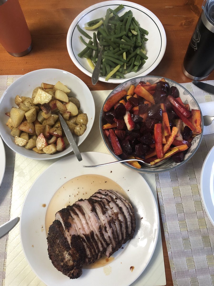 Roasted carrots, beets and potatoes with slowly cooked beans all from our garden with maple smoked pork.  Gotta love this country 😀😊🇨🇦