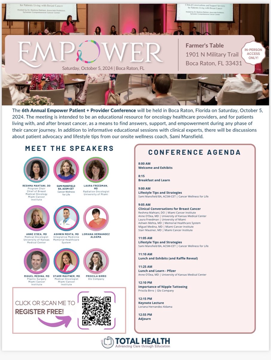 Reshma Mahtani (@drreshmamahtani) on Twitter photo Excited for our annual EMPOWER meeting this Saturday, 10/5/24! An event designed for patients and healthcare providers. Register with QR code below <a href="/TotalHealthConf/">Total Health | Oncology 📖🔬</a> <a href="/BHCancerCare/">Baptist Health Cancer Care</a> <a href="/MCIStrong/">Memorial Cancer Institute</a> <a href="/SylvesterCancer/">Sylvester Comprehensive Cancer Center</a> Excited for our annual EMPOWER meeting this Saturday, 10/5/24! An event designed for patients and healthcare providers. Register with QR code below <a href="/TotalHealthConf/">Total Health | Oncology 📖🔬</a> <a href="/BHCancerCare/">Baptist Health Cancer Care</a> <a href="/MCIStrong/">Memorial Cancer Institute</a> <a href="/SylvesterCancer/">Sylvester Comprehensive Cancer Center</a>