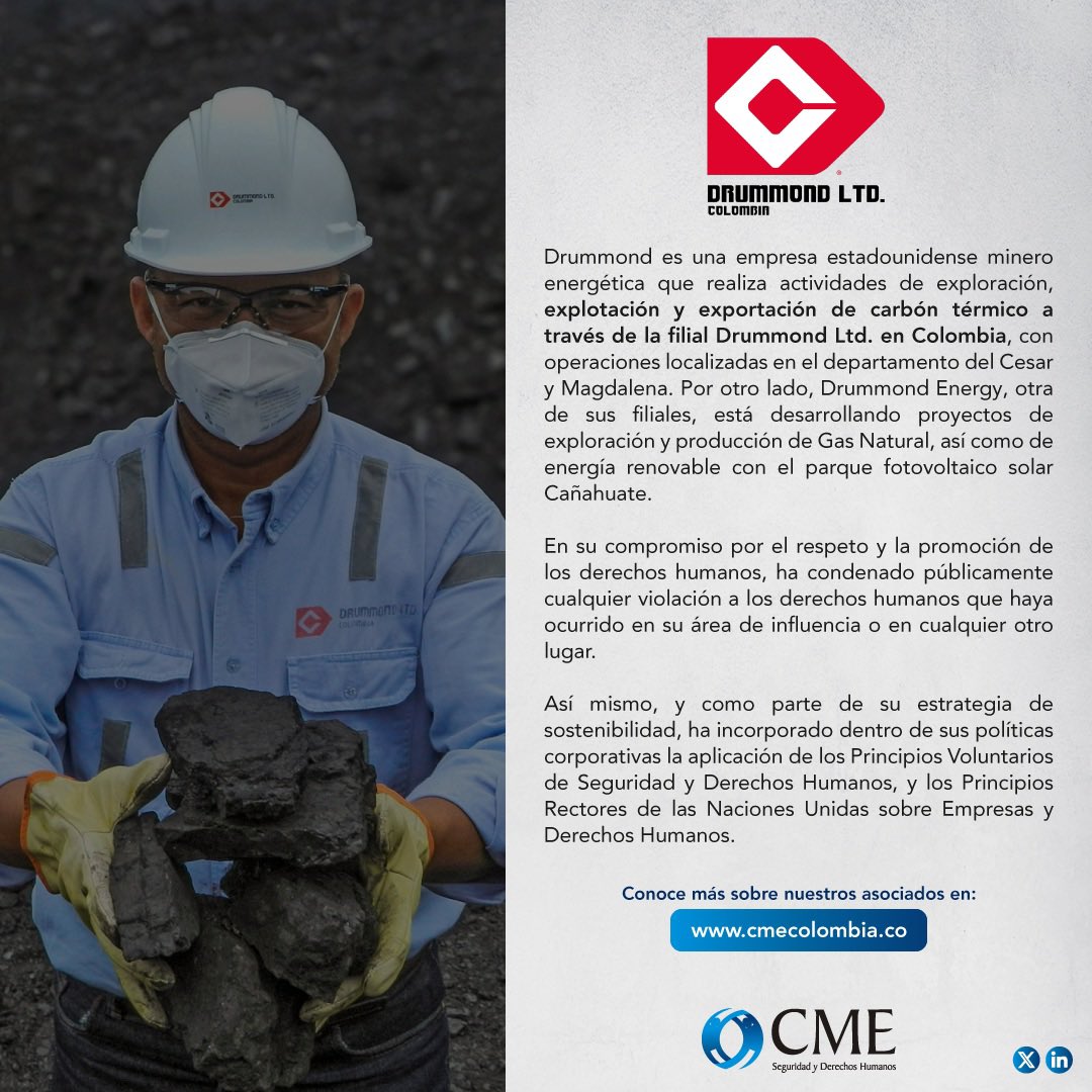 Comité Minero Energético de Seguridad y DDHH (@cmecolombia) on Twitter photo Hoy te presentamos a <a href="/DrummondLtdCo/">Drummond Ltd. Colombia</a> una compañía del sector minero que hace parte del CME desde hace 7 años y que nos aporta todo su conocimiento y experiencia para seguir fortaleciendo nuestra labor en materia de seguridad y DDHH.
Más info en 👉🏻 drummondltd.com Hoy te presentamos a <a href="/DrummondLtdCo/">Drummond Ltd. Colombia</a> una compañía del sector minero que hace parte del CME desde hace 7 años y que nos aporta todo su conocimiento y experiencia para seguir fortaleciendo nuestra labor en materia de seguridad y DDHH.
Más info en 👉🏻 drummondltd.com
