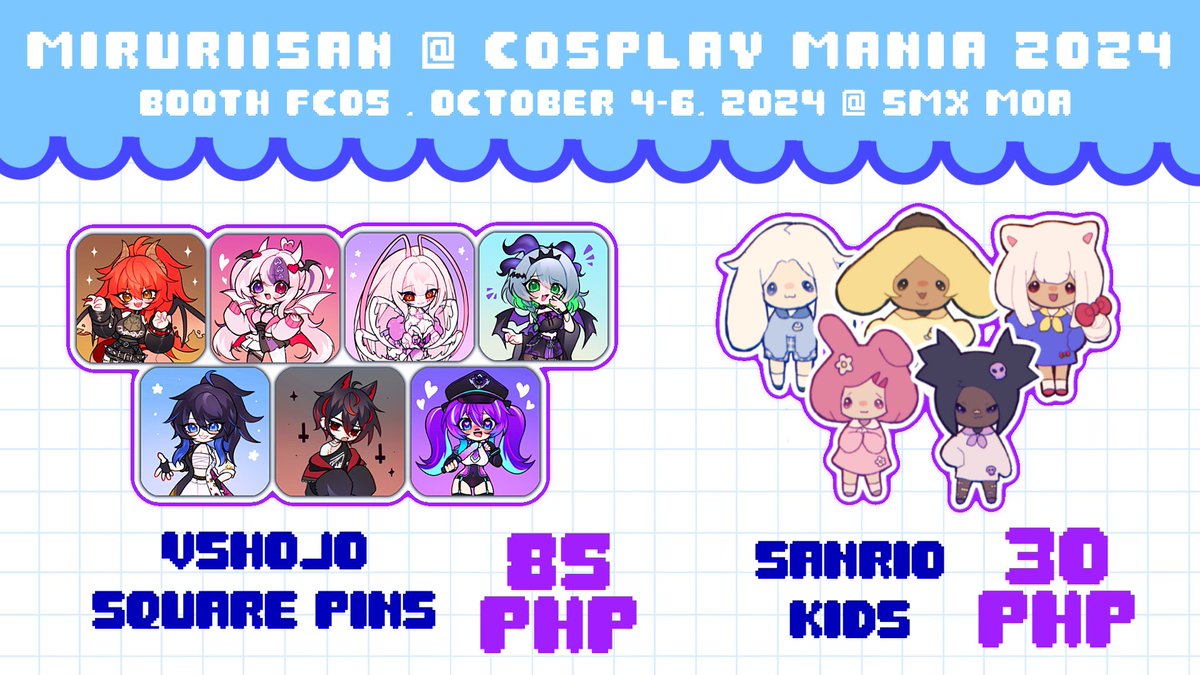 RTs are appreciated 🩵

Hello everyone! I am boothing once again on #CosplayMania2024 🫶 Here is my catalogue !! There are a lot of new stuff 👀 I will also be opening OTS comms once again!

Please come by and say hello to the goat? 🥹 (1/2)

#FanFairAtCosplayMania2024