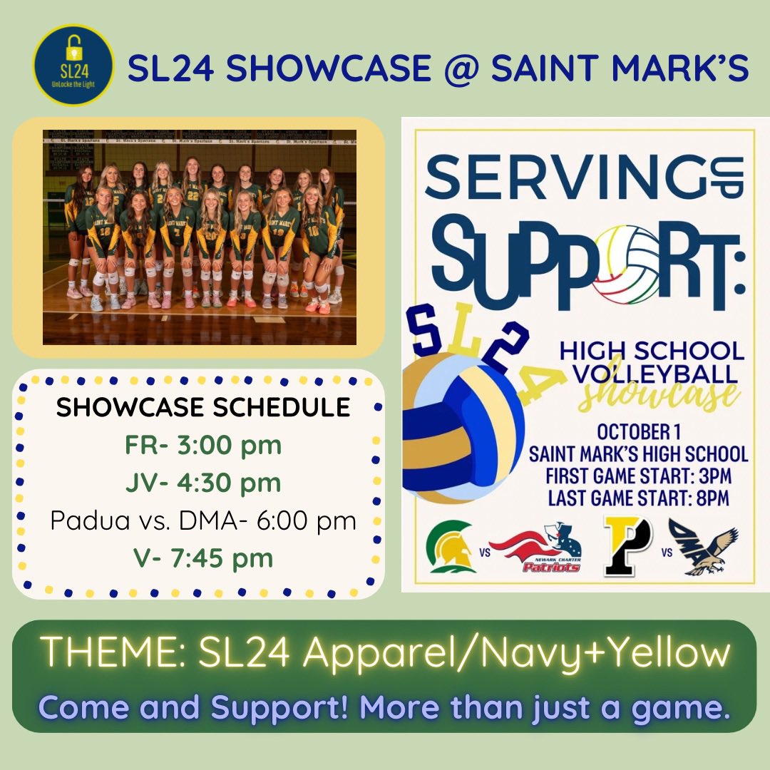 Excited to be hosting the first Annual High School Volleyball Showcase, Serving Up Support for SL24!  Please come to Saint Mark’s on October 1st and show your support.  It’s More Than a Game!