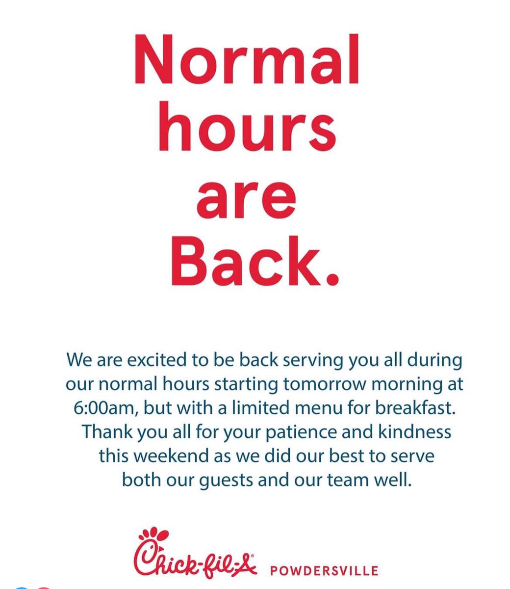 We are back Powdersville! We will have a limited breakfast menu in the morning. We are going to do our very best as we get back to serving our guests.