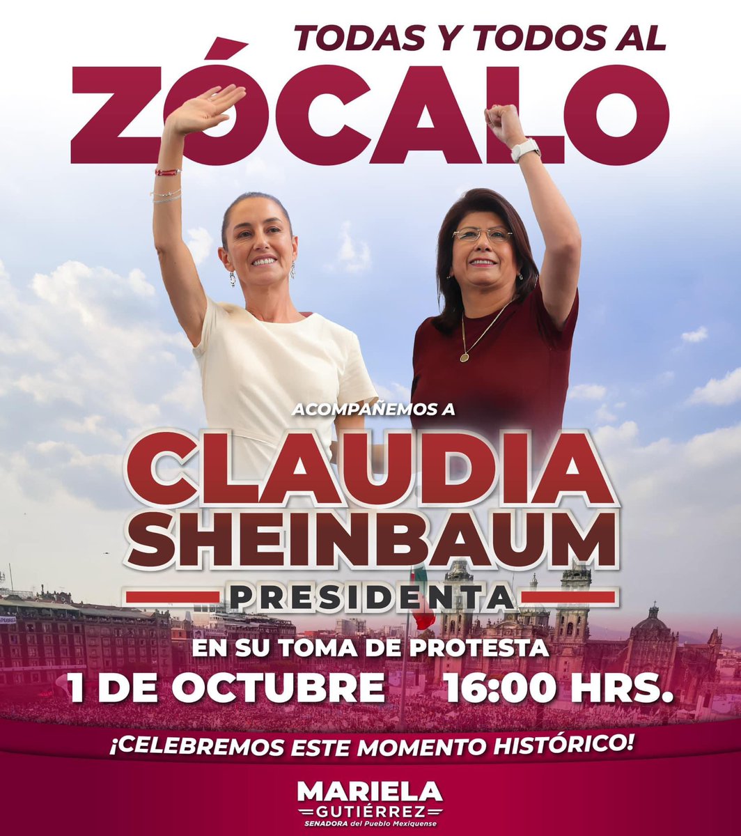 MarielaGtzEsc's tweet photo. Este 1 de octubre, acompañemos a nuestra Presidenta Claudia Sheinbaum a su toma de protesta, sin duda un momento histórico, pues por primera vez en la historia una mujer encabezará los trabajos de nuestra gran nación. 

#ClaudiaSheimbaumPresidenta 
#SenadoraDelPuebloMexiquense https://t.co/idLMRKv6Ba