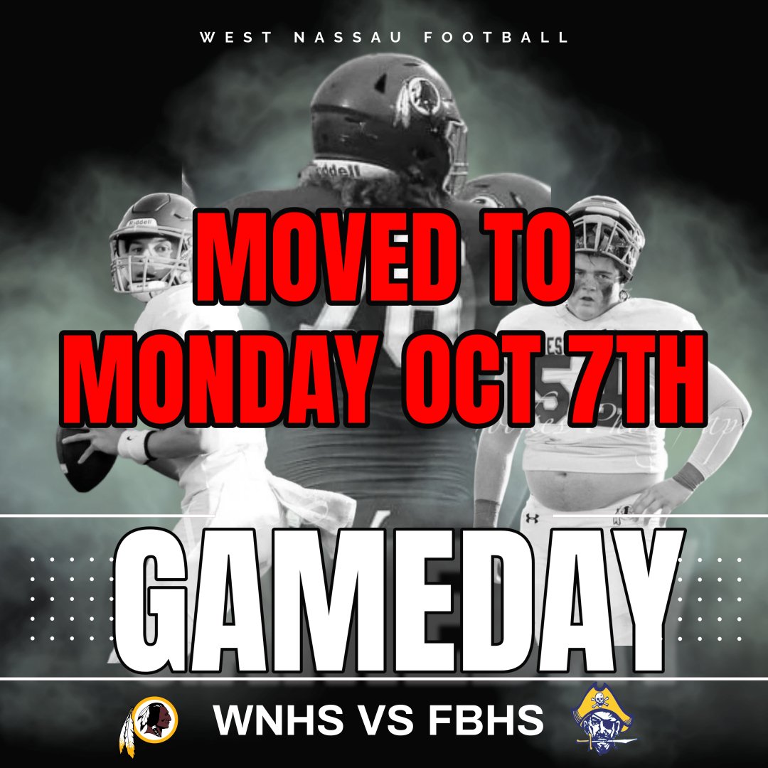 Coach Brian Butler WNHS (@coachbutler_wn) on Twitter photo The <a href="/WNHSwarriorFB/">WNHSfootball</a> vs FBHS Varsity game was postponed to Monday 10/7 at Fernandina due to Weather Conditions
The JV game this week has also been postponed.
Varsity will play this Friday at Keystone. We will have practice tomorrow at 4. Shells.
#WeTheWest The <a href="/WNHSwarriorFB/">WNHSfootball</a> vs FBHS Varsity game was postponed to Monday 10/7 at Fernandina due to Weather Conditions
The JV game this week has also been postponed.
Varsity will play this Friday at Keystone. We will have practice tomorrow at 4. Shells.
#WeTheWest