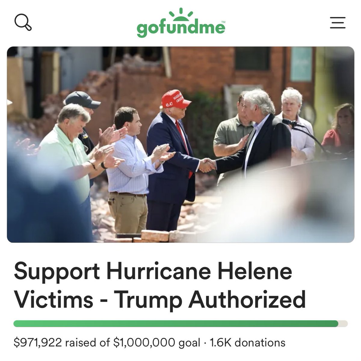 libsoftiktok's tweet photo. Trump’s gofundme for hurricane victims is already almost at $1M. YUGE.

Biden spent the weekend on the beach

Kamala evaded questions and took a photo op on a plane

Trump visited in person and is raising money for victims.

They are not the same.

Link here: https://t.co/iDg43DEDZK