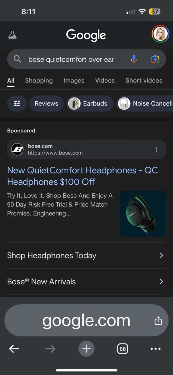 RoseVicki's tweet photo. @Bose practicing illegal bait &amp; switch by leveraging incorrect page metadata to falsely claim their QuietComfort headphones are $100 off-but they aren’t.

Google “Bose QuietComfort over ear” and the FIRST search result shows they are $100 off-it’s a lie. 

FYI, @FTC https://t.co/Mtasut4SXH