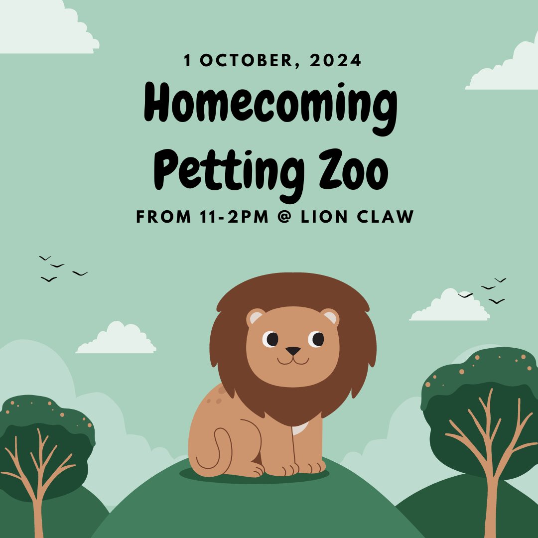 Come out to the Homecoming Petting Zoo for some fun with your favorite animals! Relax, hang out with friends, and enjoy the perfect Homecoming vibe. Don’t miss out on this awesome experience!
•
•
•
⏰ 11-2 pm
📆 Tuesday, October 1
📍 The Lion Claw