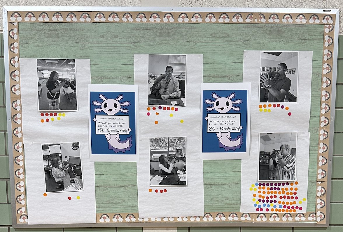 MrsMWestView's tweet photo. The IReady Challenge for September has been fun!  It was a close one but it looks like Mrs. M. will be kissing Axel on Friday!
October's challenge Is a chance to win a book from the book vending machine! @WestView_MCS 
#Puckerupbuttercup https://t.co/HZpOFN2BSs