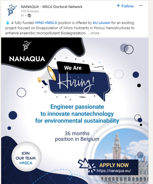 💧 A fully-funded  PhD  MSCA position is offered by KU Leuven for an exciting project focused on Encapsulation of Micro-Nutrients in Porous Nanostructures to enhance anaerobic micropollutant biodegradation.

nanaqua.eu/dc7-encapsulat…