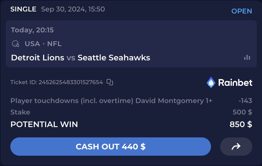 If #Lions RB David Montgomery scores a touchdown against the #Seahawks tonight, I'll send $100 to someone who likes/RTs and comments.

Bet placed on <a href="/rainbetcom/">Rainbet.com</a>.

Place a sports bet in the next three days using my code "Dov" and get a 15% free bet ⬇️

rainbet.com/?r=dov