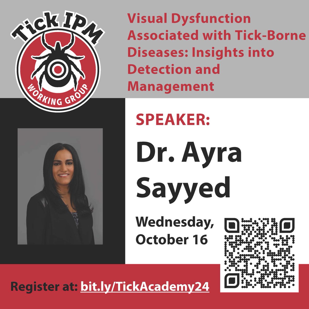 Tick IPM Working Group (@ipmtick) on Twitter photo Dr. Ayra Sayyed from the Padula Institute will present on Visual Dysfunction Associated with Tick-Borne Diseases at the 2024 Tick Academy!
bit.ly/TickAcademy24
Thank you sponsors:
<a href="/NorthShoreMAD/">North Shore Mosquito Abatement District</a>, <a href="/ProjectLyme/">Project Lyme</a>, <a href="/MainelyT/">Mainely Ticks</a>, Tick Box, <a href="/CentralMosquito/">Central LS Mosquito</a>, <a href="/ncipmc/">North Central IPM Center</a> Dr. Ayra Sayyed from the Padula Institute will present on Visual Dysfunction Associated with Tick-Borne Diseases at the 2024 Tick Academy!
bit.ly/TickAcademy24
Thank you sponsors:
<a href="/NorthShoreMAD/">North Shore Mosquito Abatement District</a>, <a href="/ProjectLyme/">Project Lyme</a>, <a href="/MainelyT/">Mainely Ticks</a>, Tick Box, <a href="/CentralMosquito/">Central LS Mosquito</a>, <a href="/ncipmc/">North Central IPM Center</a>