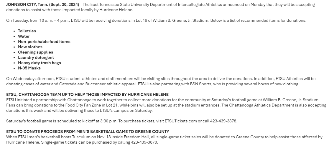 NSDugan's tweet photo. NEW: @ETSUAthletics announces handful of initiatives to assist those impacted by Hurricane Helene.

Donations will be accepted in Lot 19 of William B. Greene Jr. Stadium tomorrow (Tuesday) from 10a-4p.

Read the full release ⬇️ https://t.co/alj4pi3bA6