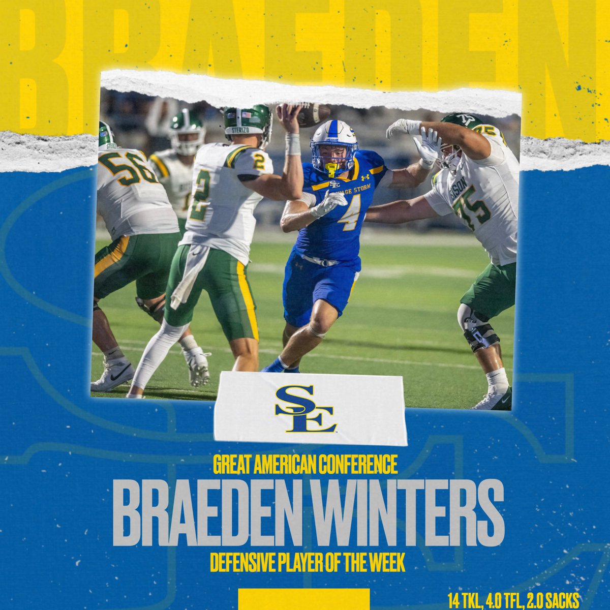 Southeastern Athletics (@gosoutheastern) on Twitter photo 🚨 AWARD WINNER 🚨
SE Linebacker Braeden Winters picks up #theGAC Defensive Player of the Week Honors!
⚡ 14 tackles
⚡ 4.0 Tackles for Loss
⚡ 2.0 Sacks
<a href="/SavageStormFB/">Savage Storm Football</a> | #GoSoutheastern | #TakeCover 🚨 AWARD WINNER 🚨
SE Linebacker Braeden Winters picks up #theGAC Defensive Player of the Week Honors!
⚡ 14 tackles
⚡ 4.0 Tackles for Loss
⚡ 2.0 Sacks
<a href="/SavageStormFB/">Savage Storm Football</a> | #GoSoutheastern | #TakeCover