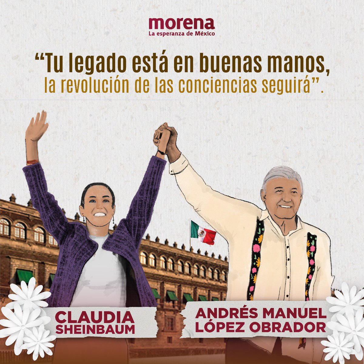 PartidoMorenaMx's tweet photo. Misión cumplida. Gracias por no fallarnos ni un solo día, presidente López Obrador.

Tu legado, se queda en buenas manos. Con la presidenta Claudia Sheinbaum, y junto al pueblo de México, vamos a seguir haciendo la revolución de las conciencias. https://t.co/wXt9OmUYUc