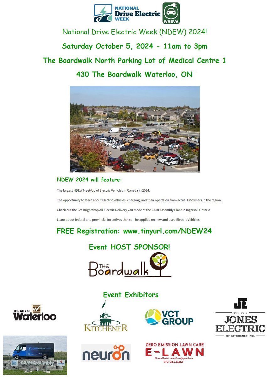 This Saturday at The Boardwalk!
#NationalDriveElectricWeek
<a href="/WREVAGroup/">Waterloo Region EVA</a>