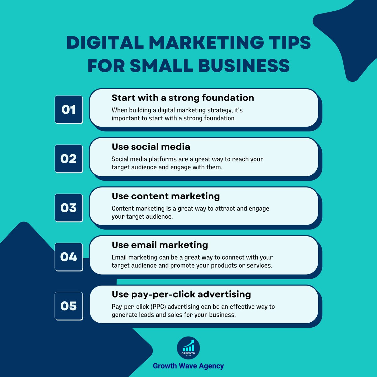 Growth_Wave's tweet photo. ๐ DIGITAL MARKETING TIPS FOR SMALL BUSINESS
1. ๐ ๏ธ Start with a strong foundation
2. ๐ฑ Use social media
3. ๐ Use content marketing
4. โ๏ธ Use email marketing
5. ๐ฐ Use pay-per-click advertising
#growthwave #growthwaveagency https://t.co/4YiUHFZx7U