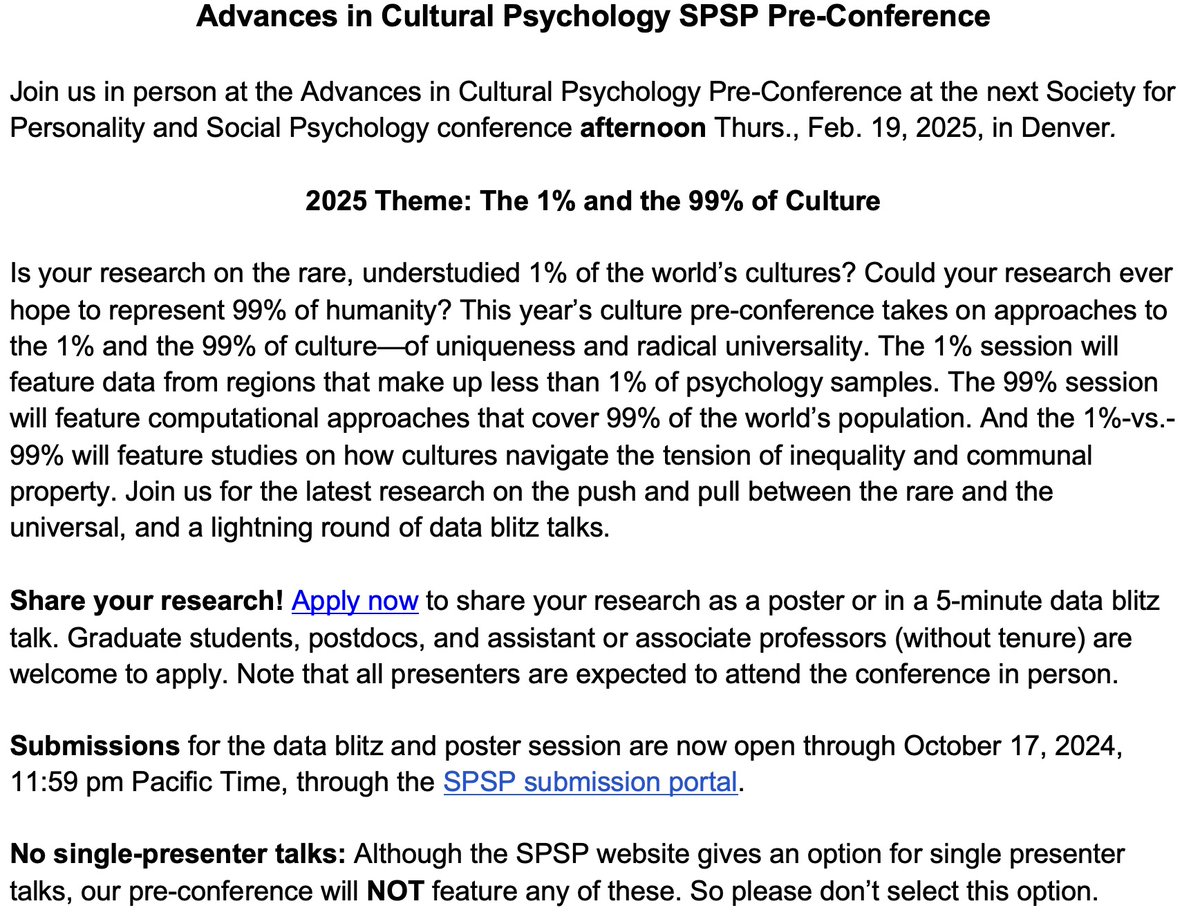 ThomasTalhelm's tweet image. Do you study culture? Studied it once and have some data? Submit to the SPSP Cultural Psychology Pre-Conference! Poster and data blitz submissions due October 17: spsp.org/events/annual-… @SPSPnews @iaccp #SPSP